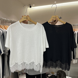 HANMIGAO T恤上衣 圆领纯色简约拼接蕾丝下摆宽松短袖