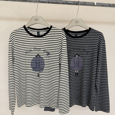 字母卡通图案条纹宽松长袖针织衫