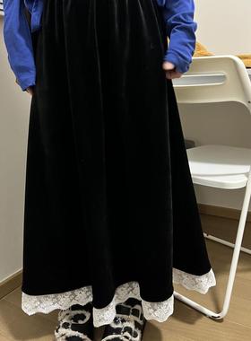 CHEN 松紧腰蕾丝花边厚款加绒半身裙中长裙