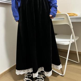 CHEN 加绒半身裙中长裙 松紧腰蕾丝花边厚款