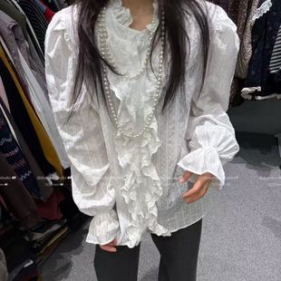 开衫 衬衫 上衣 立领蕾丝荷叶边单排扣长袖 DUODUO