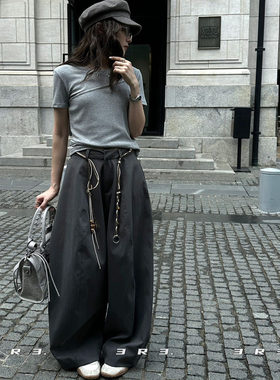 3R3 高腰纯色宽松阔腿休闲裤松弛感拖地裤弯刀裤