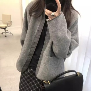 FROMSEVEN 圆领拼色高级感单排扣羊毛呢料外套开衫