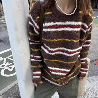 复古条纹拼色宽松套头长袖针织衫