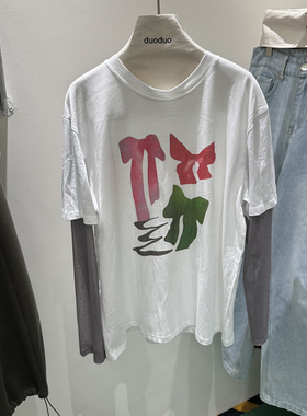 DUODUO 圆领蝴蝶结卡通图案拼接袖假两件T恤6961
