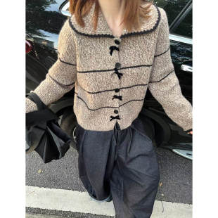 开衫 CHEN 针织衫 长袖 毛衣2435 翻领条纹蝴蝶结单排扣短款