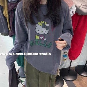 DUODUO 圆领字母卡通图案宽松厚款磨毛长袖T恤上衣026-3