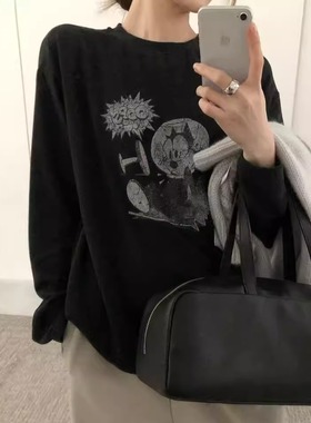 FROMSEVEN 圆领字母卡通图案宽松长袖磨毛T恤百搭打底衫上衣