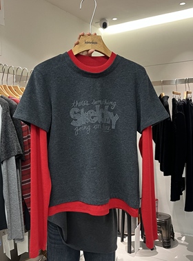 HANMIGAO 圆领字母拼接袖假两件长袖T恤上衣63671