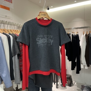 HANMIGAO 圆领字母拼接袖假两件长袖T恤上衣63671