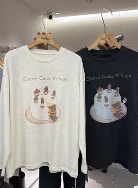 HANMIGAO 圆领字母卡通图案宽松长袖T恤百搭打底衫63233