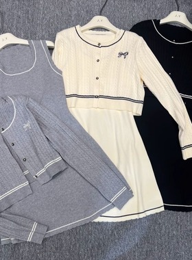 JY 蝴蝶结刺绣短款针织衫开衫+背心连衣裙套装66160