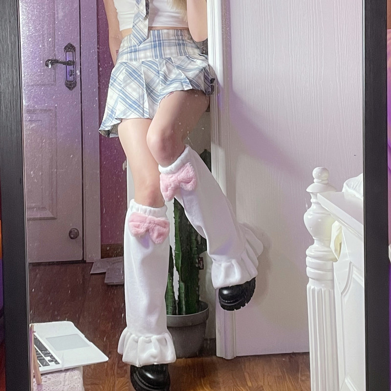 日系甜美软妹lolita显瘦腿套女可爱蝴蝶结毛绒JK袜套学生中长筒袜