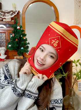 马年搞怪鞭炮头套儿童帽子红色中国风春节演出头饰拍照道具ins