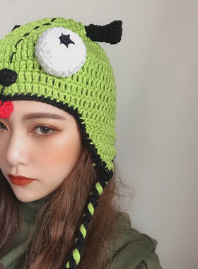网红同款绿色搞怪毛线帽秋冬季保暖手工针织骷髅头护耳辫子帽男女