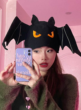 黑色毛绒蝙蝠帽子可爱搞怪大翅膀头套万圣节派对拍照cos装扮道具