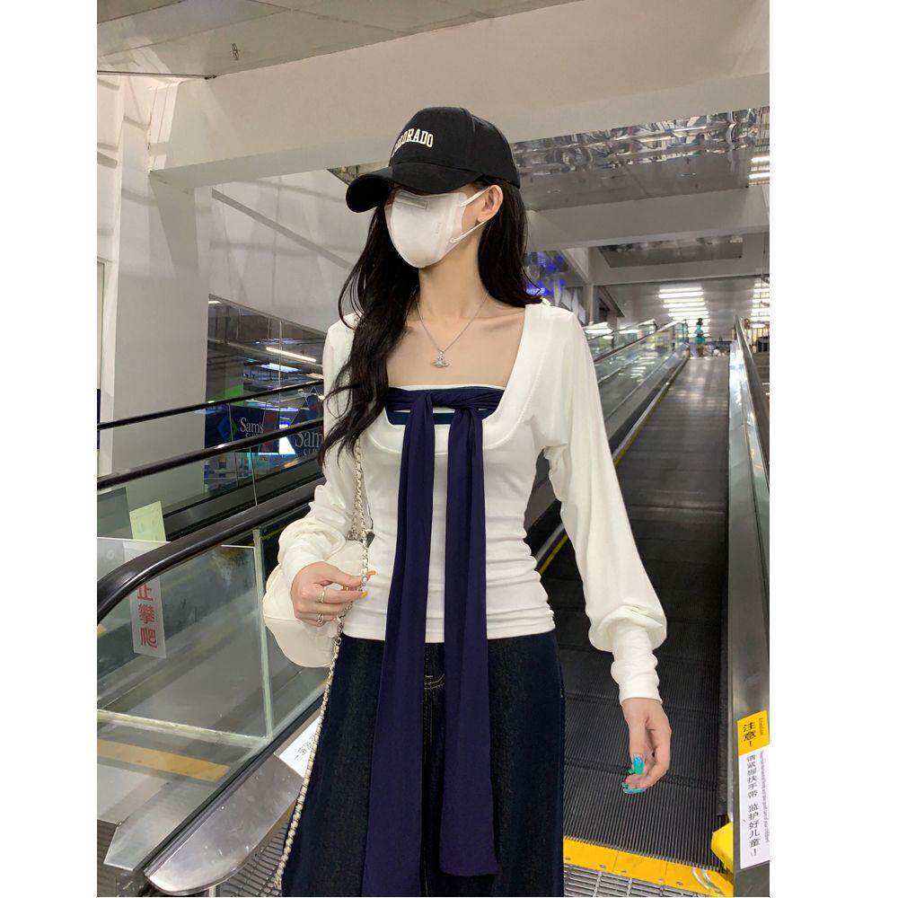 白色T恤女秋季修身防晒罩衫上衣叠穿条纹抹胸两件套