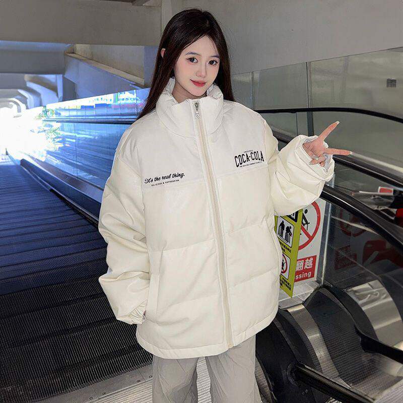 韩版慵懒风印花字母外套棉服女学生冬季pu皮时尚宽松加厚保暖棉衣