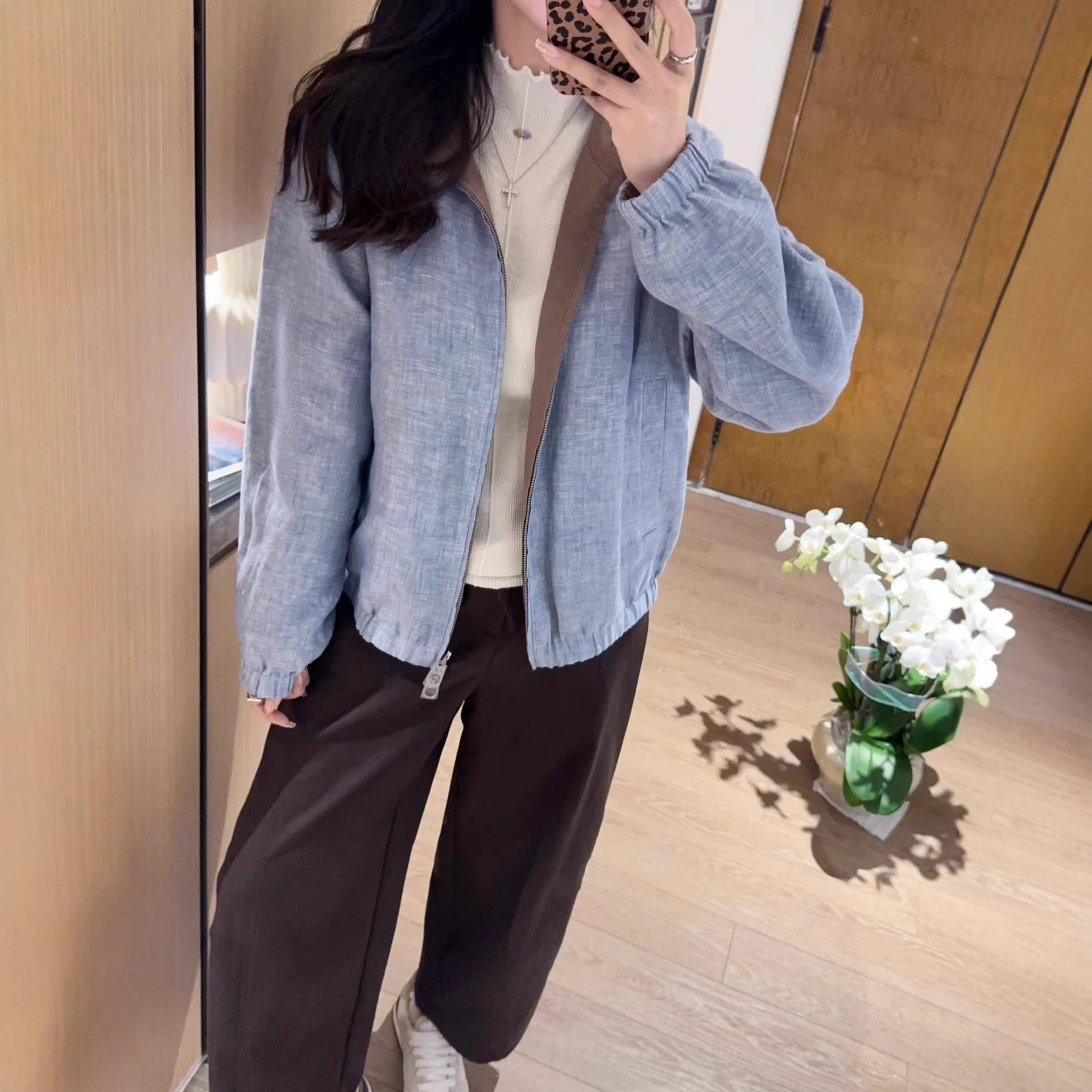 春秋季L/P时尚简约休闲双面穿夹克立领双拉链亚麻短外套女