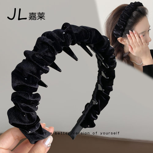 正反两戴褶皱丝绒满天星带齿发箍