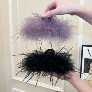 法式高级感咖色羽毛抓夹大号鲨鱼夹驼鸟毛发夹后脑勺半扎发头饰