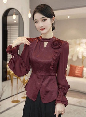 2025早秋季新款衬衫轻奢高级感穿搭时尚酒红色长袖衬衫上衣女