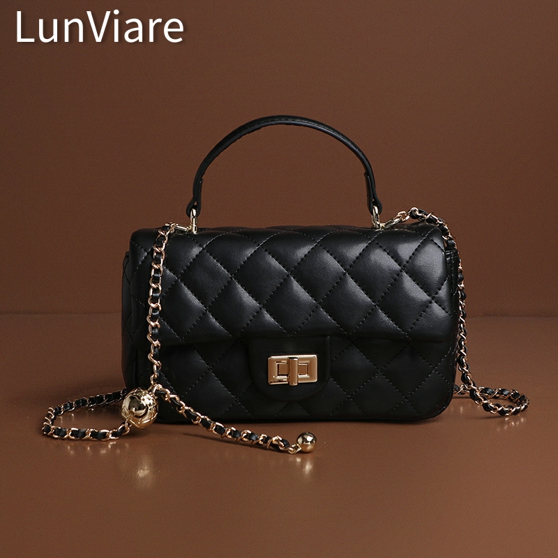 小香风真皮菱格链条斜挎手提女包