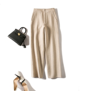 高腰两粒扣设计显瘦人字纹加厚羊毛呢阔腿裤 保暖双面呢休闲裤冬