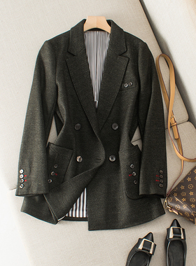 OL通勤双排扣颗粒感墨绿色羊毛呢面料中长款显瘦直筒西装外套女厚