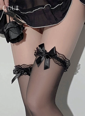 性感蕾丝长筒袜女秋季过膝袜黑色蝴蝶结纯欲超薄款黑丝袜
