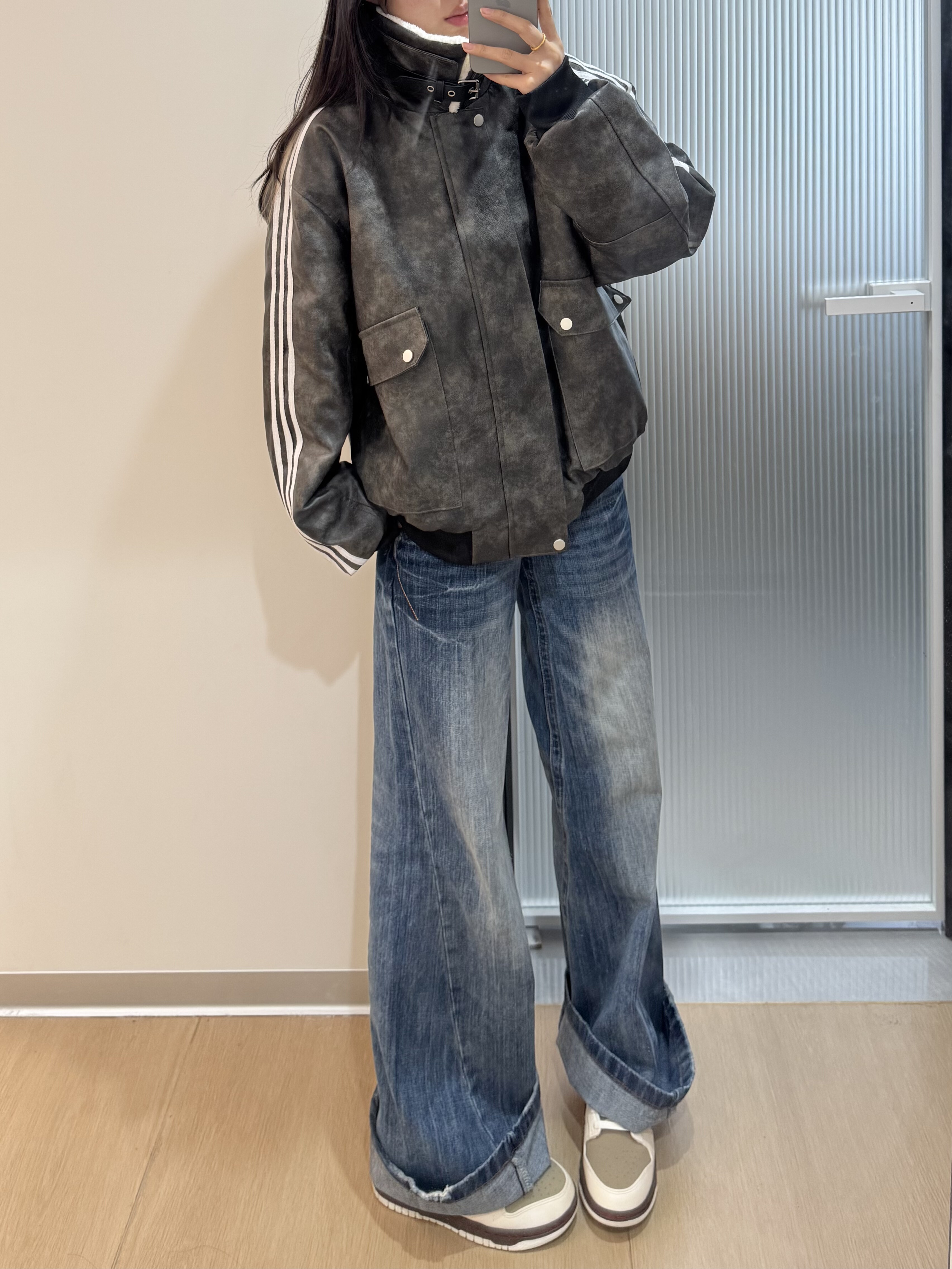 美式复古撞色拼接皮质棉衣棉袄