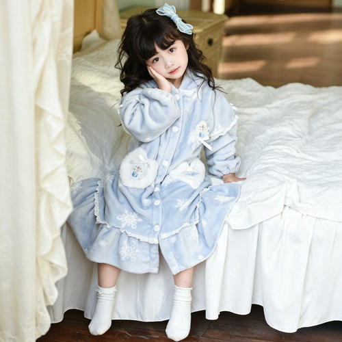 艾莎秋冬女童法兰绒珊瑚绒家居服睡衣套装睡袍爱莎裙子公主长袖