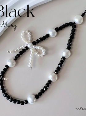 STORY OWL/月与海/天然黑尖晶巴洛克珍珠蝴蝶结手机链手腕挂绳