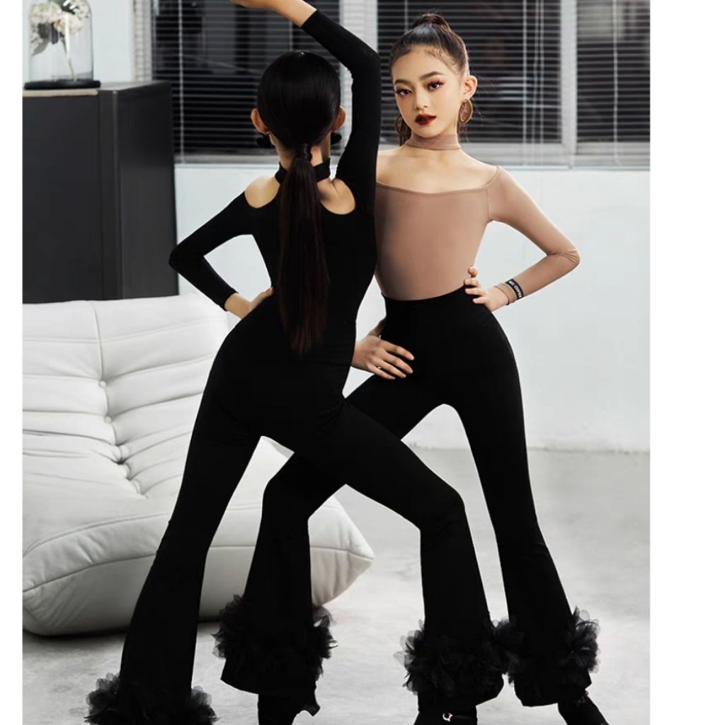 拉丁舞服女童新款儿童专业训练功服上衣长裤子套装