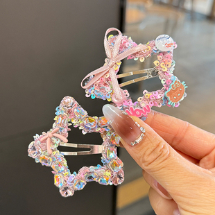 甜美粉色亮片五角星发夹可爱少女心水钻蝴蝶结边夹BB夹刘海夹发卡