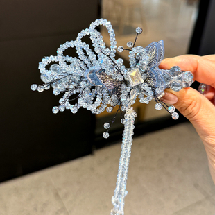 法式清冷感手工晶石发夹流苏水晶弹簧夹头饰半扎发一字弹簧夹发卡