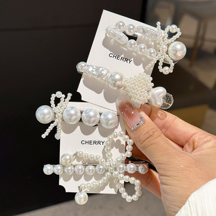 韩国简约高级感珍珠发夹刘海碎发边夹蝴蝶结发卡鸭嘴夹刘海夹头饰