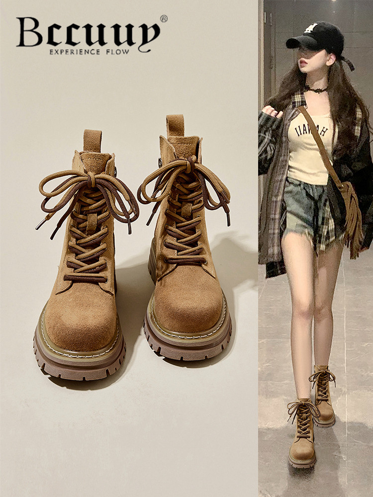 真皮马丁靴女2025春夏季新款休闲百搭复古厚底西部牛仔靴增高短靴