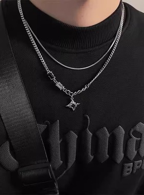 芒星双层钛钢项链男潮酷嘻哈轻奢小众设计感毛衣链高级感锁骨链女