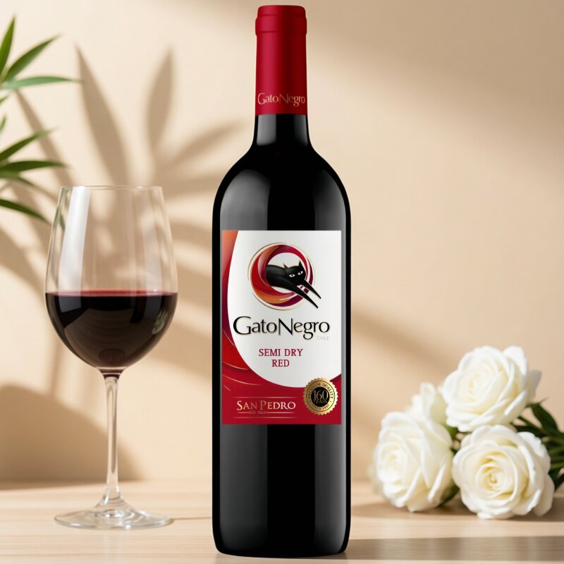 黑猫半干红酒智利原瓶进口葡萄酒750ml 婚礼聚会party女性易喝