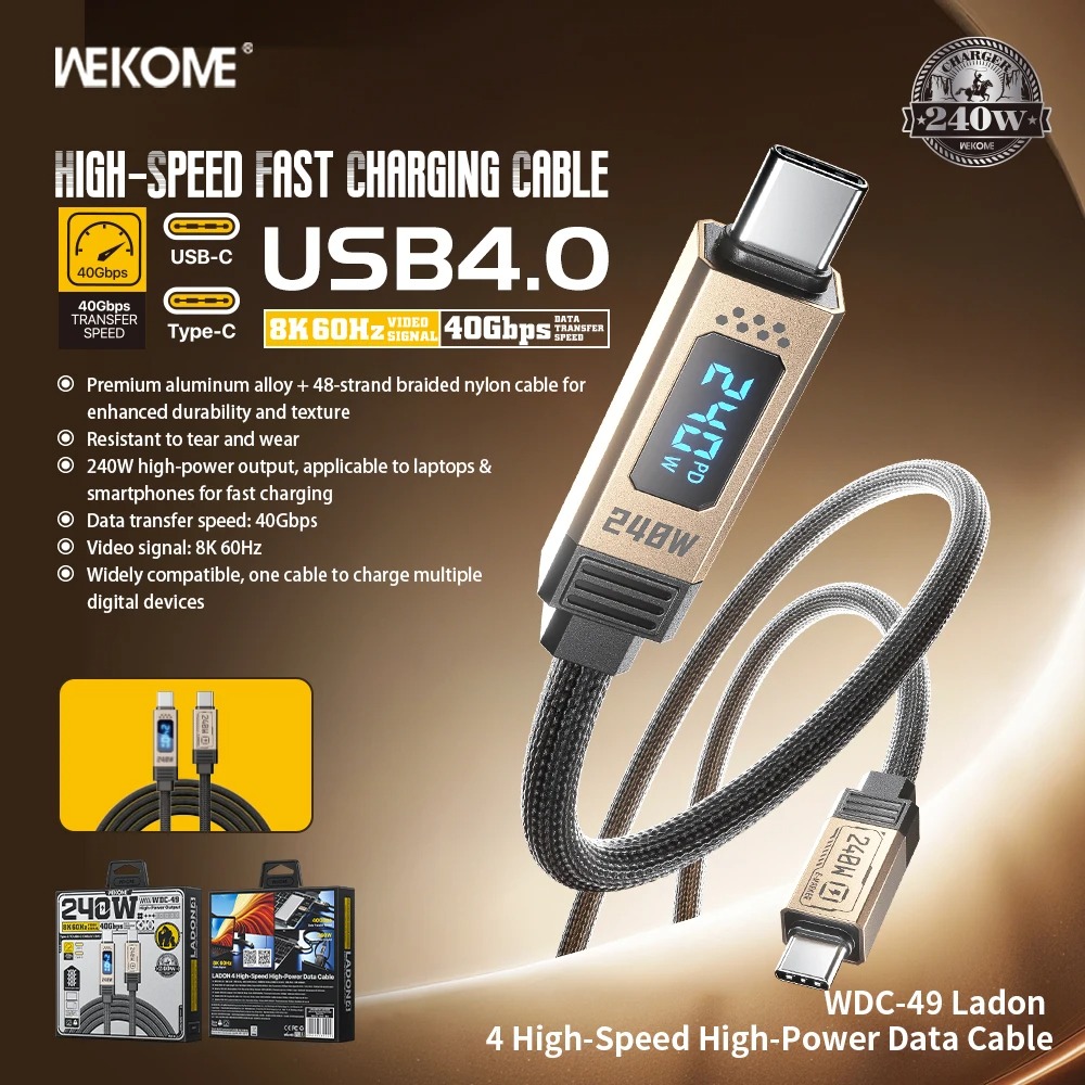 Wekome 双USB-C 雷电4高速传输大功率数据线双头Typec PD快充240W数显全功能传输线1.2米USB4.0/3 8K 40Gbps