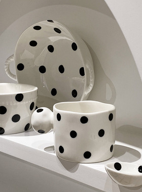 高颜值黑白波点仪式感陶瓷米饭沙拉碗家用双耳面碗一人食餐具套装