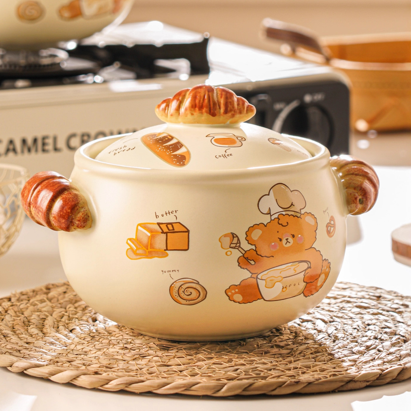 可爱可颂小熊砂锅小炖锅秋冬一人食泡面碗螺蛳粉耐热立体面包把手