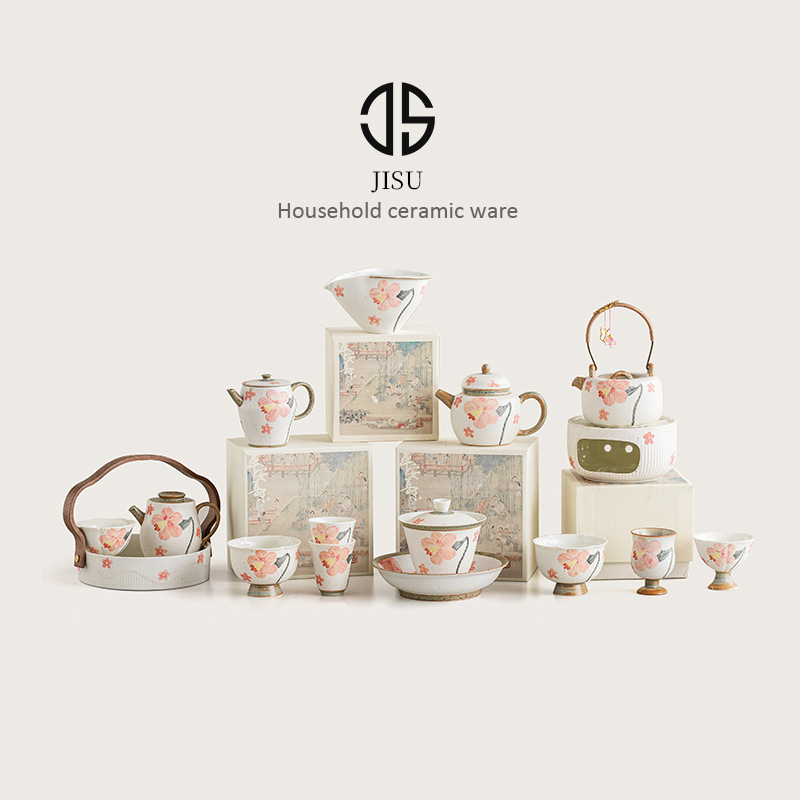 粉引刻绘喇叭花盖碗茶壶茶杯公道杯壶承茶点盘温茶炉高档女士茶具