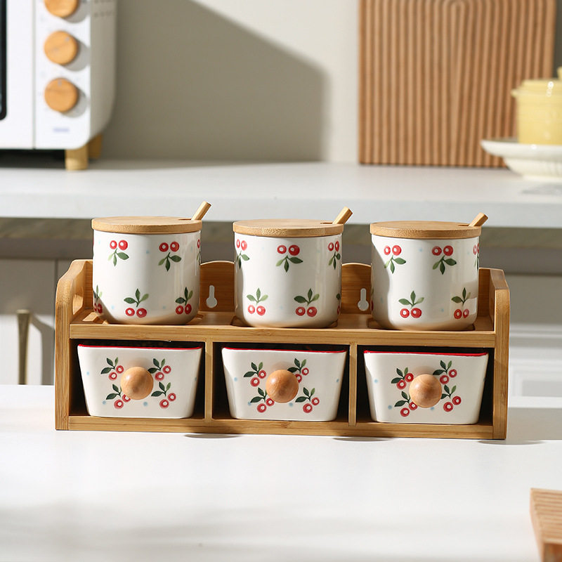 日式双层陶瓷调料盒厨房用品盐罐佐料调味瓶调味罐组合装调料缸