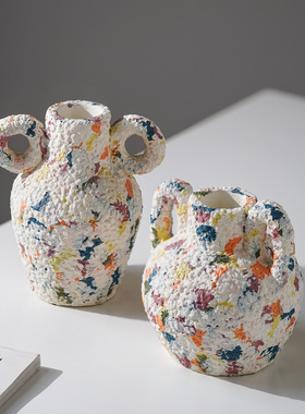 复古刹寂风粗陶手绘系列陶瓷花瓶古朴手工怀旧客厅电视柜茶桌插花