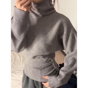 灰色高领针织衫长袖女秋冬季堆堆领毛衣不规则收腰设计感内搭上衣