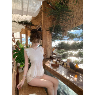 白色荷叶边无袖针织衫女夏季法式薄款收腰显瘦设计感绝美上衣外穿