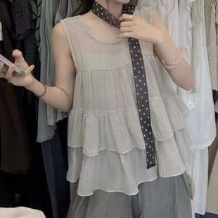 法式复古层次感荷叶边无袖背心女夏季2026新款温柔风宽松显瘦上衣