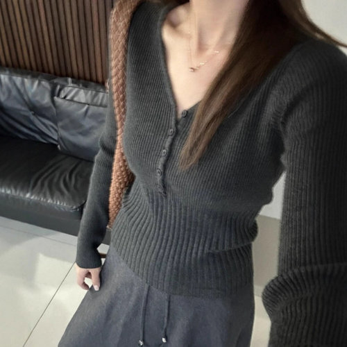 韩系V领纯色针织打底衫女2025秋